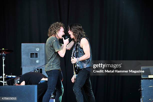 Frontman Aaron Buchanan and guitarist Sid Glover of British hard rock group Heaven's Basement performing live on the Zippo Encore Stage at Download...