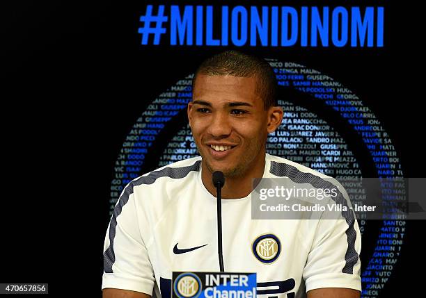 Juan Jesus speaks to the media during an FC Internazionale Press Conference at Appiano Gentile on April 22, 2015 in Como, Italy.