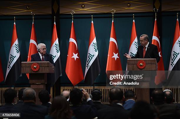 Turkish President Recep Tayyip Erdogan and Iraqi President Fuad Masum hold a joint press conference after their meeting at the Presidential Palace in...