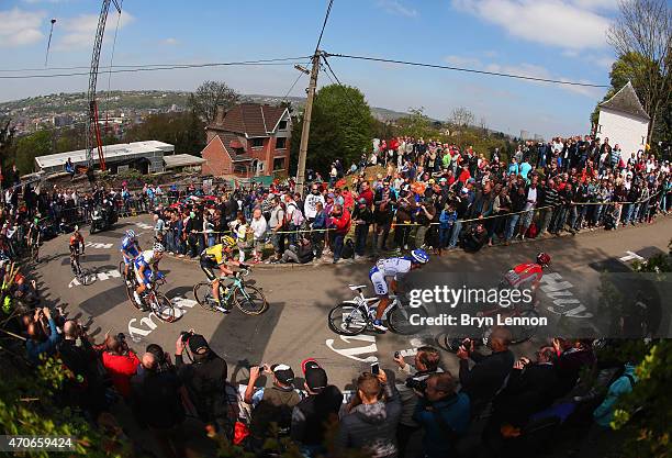 Break away group of riders climb the Mur de Huy during the 79th La Fleche Wallonne from Waremme to Huy on April 22, 2015 in Huy, Belgium.