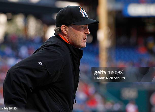 Manager Mike Redmond of the Miami Marlins looks onto the field during a game against the Philadelphia Phillies at Citizens Bank Park on April 21,...