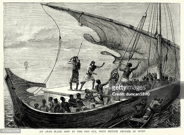 arab slave-ship in the red sea fleeing from royal navy - red sea stock illustrations