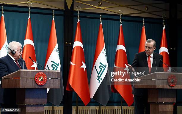 Turkish President Recep Tayyip Erdogan attends a press conference with President of Iraq Fuad Masum in Ankara, Turkey on April 22, 2015.