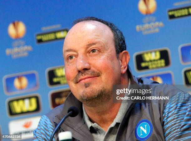 Napoli's coach, Spanish Rafael Benitez attends a press conference on April 22, 2015 at the SSC Napoli headquarters in Castelvolturno, on the eve of...