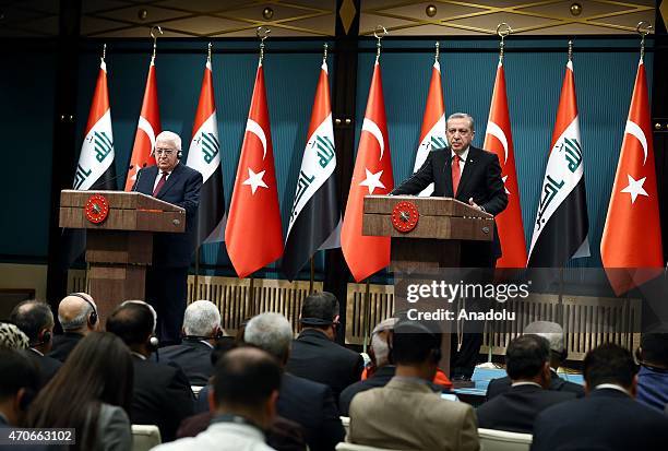 Turkish President Recep Tayyip Erdogan attends a press conference with President of Iraq Fuad Masum in Ankara, Turkey on April 22, 2015.