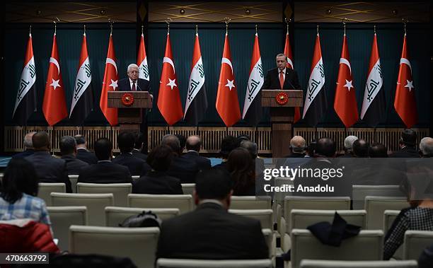 Turkish President Recep Tayyip Erdogan and Iraqi President Fuad Masum hold a joint press conference after their meeting at the Presidential Palace in...