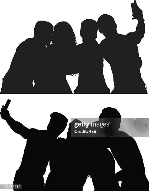 group of friends taking pictures - all men group selfie stock illustrations