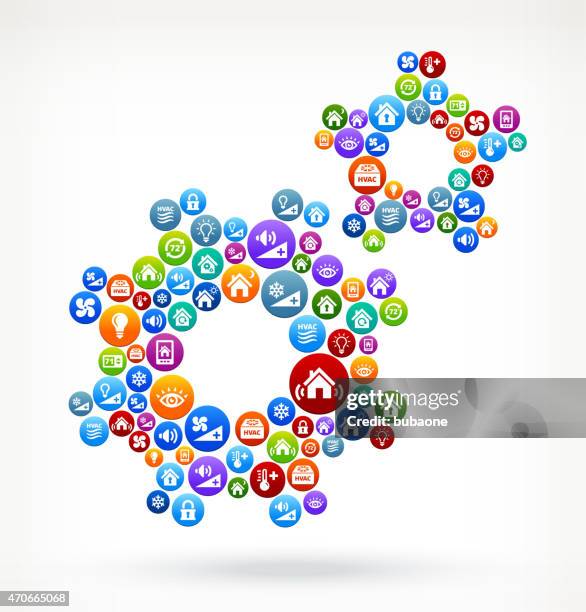 gears with home automation and security vector graphic - multiple cloud services stock illustrations