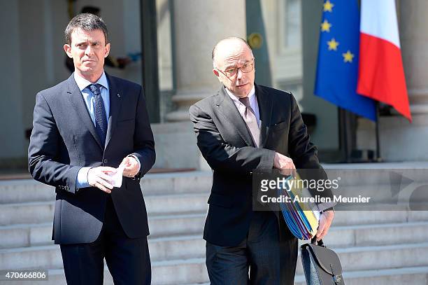 French Prime Minister Manuel Valls and Bernard Cazeneuve Minister of Interior as they leave the Elysee Palace after the weekly cabinet meeting on...