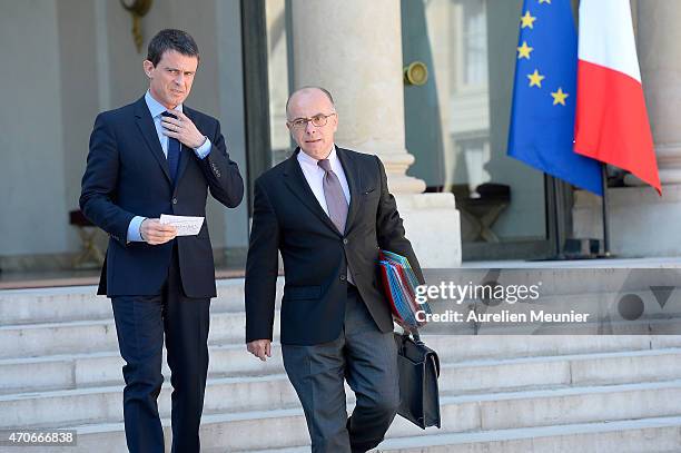 French Prime Minister Manuel Valls and Bernard Cazeneuve Minister of Interior as they leave the Elysee Palace after the weekly cabinet meeting on...