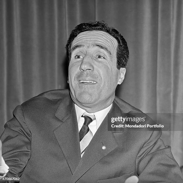 "Argentinian-born French football trainer Helenio Herrera is shot in a spontaneous pose; he, nicknamed The Wizard, is well-known for the resounding...