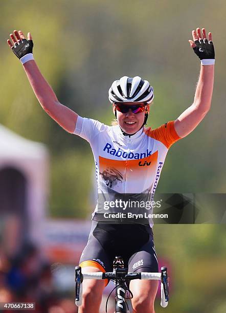 Anna van der Breggen of the Netherlands and Rabo Liv Women Cycling Team celebrates as she wins the 18th La Fleche Wallonne Femmes from Waremme to Huy...