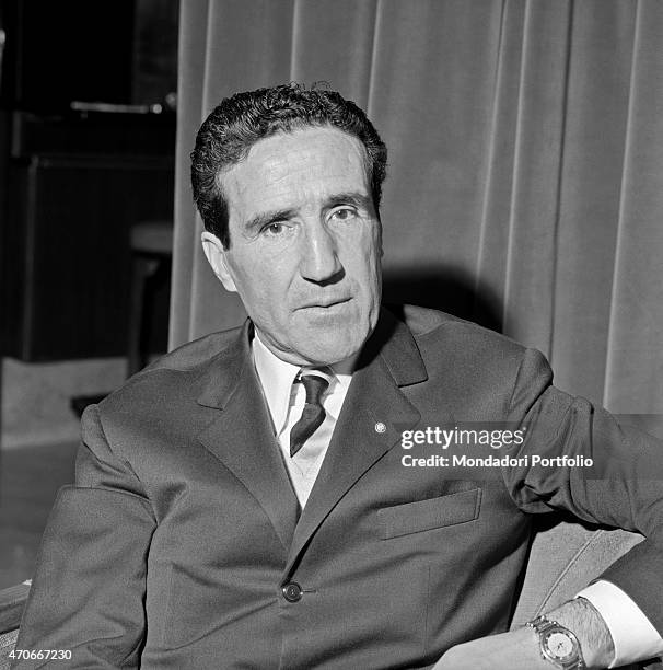 "Argentinian-born French football trainer Helenio Herrera poses sitting in an armchair; he, nicknamed The Wizard, is well-known for the resounding...