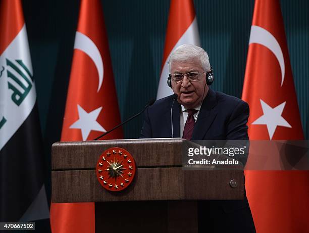 Iraqi President Fuad Masum speaks during a joint press conference with his Turkish counterpart after their meeting at the Presidential Palace in...