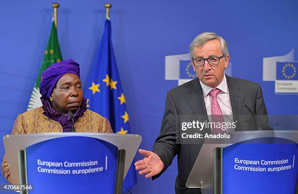 African Union Commission Chairperson Nkosazana Dlamini-Zuma and European Commission President Jean-Claude Juncker hold a joint press conference after...