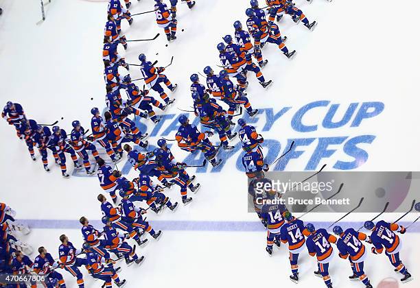 The New York Islanders skate in warm-ups prior to the game against the Washington Capitals in Game Four of the Eastern Conference Quarterfinals...