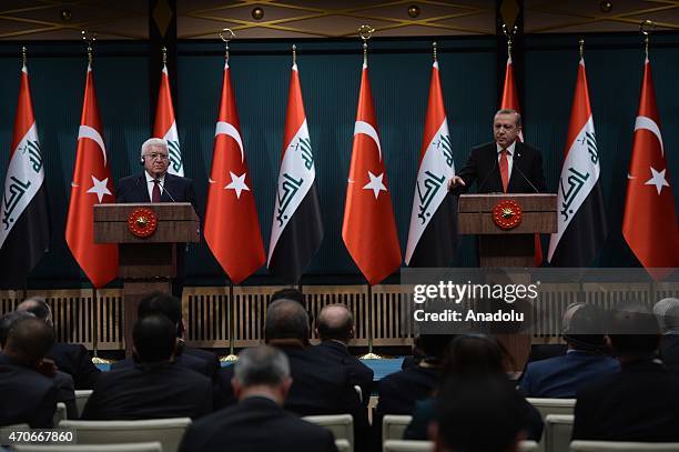 Turkish President Recep Tayyip Erdogan attends a press conference with President of Iraq Fuad Masum in Ankara, Turkey on April 22, 2015.