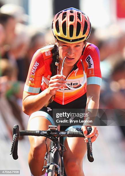 Lizzie Armitstead of Great Britian and Boels Dolmans Cycling Team crosses the line during the 18th La Fleche Wallonne Femmes from Waremme to Huy on...