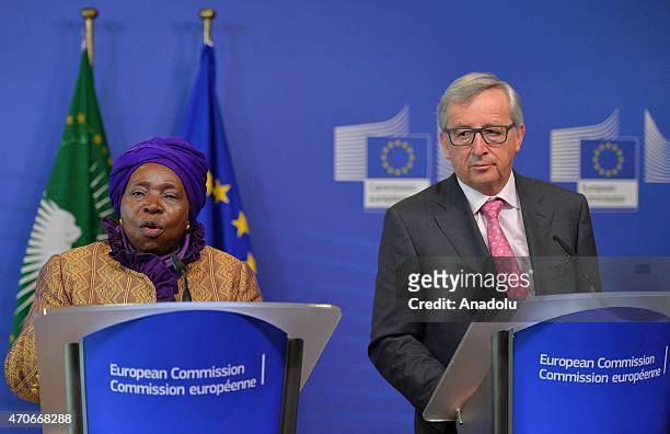 African Union Commission Chairperson Nkosazana Dlamini-Zuma and European Commission President Jean-Claude Juncker hold a joint press conference after...