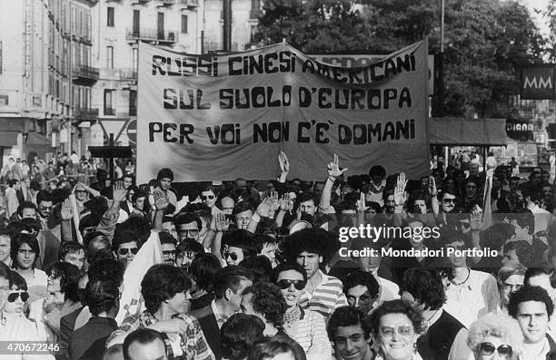"Italian Social Movement supporters parading in a demonstration. Milan, 1980s "
