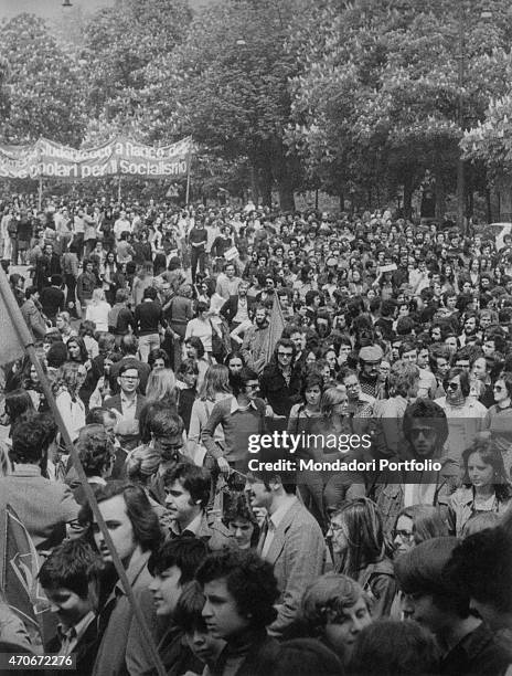 "People taking part in an unitary demonstration with workers and students. Italy, 1970s "