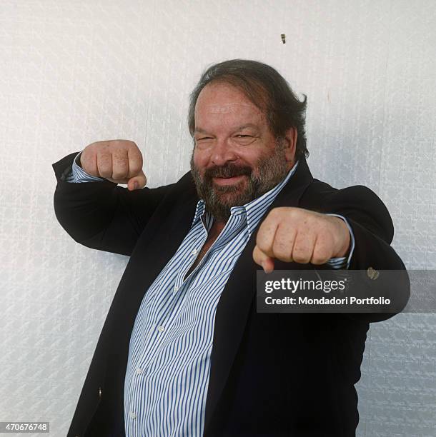 "Italian actor, scriptwriter and film producer Bud Spencer posing clenching his fists. 1988 "