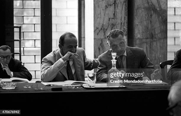 "Italian industrialists Leopoldo Pirelli, president of Pirelli, and Gianni Agnelli, president of FIAT, attending a meeting of Montedison. Milan, 1967...