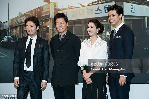 South Korean actors Ryu Seung-Soo, Lee Seo-Jin, Kim Ji-Ho and Taecyeon of South Korean boy band 2PM attend the press conference for the KBS drama...