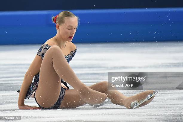 Czech Republic's Elizaveta Ukolova falls in the Women's Figure Skating Free Program at the Iceberg Skating Palace during the Sochi Winter Olympics on...