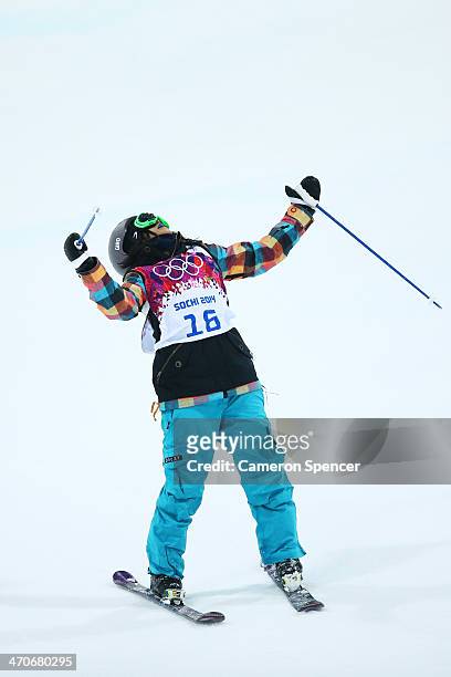 Manami Mitsuboshi of Japan celebrates in the Freestyle Skiing Ladies' Ski Halfpipe Qualification on day thirteen of the 2014 Winter Olympics at Rosa...