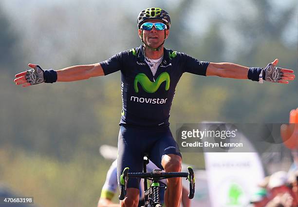 Alejandro Valverde of Spain and Movistar Team celebrates as he crosses the finish line to win the 79th La Fleche Wallonne from Waremme to Huy on...