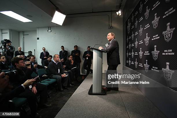 Commissioner Gary Bettman speaks with the media prior to Game Three of the Western Conference Quarterfinals between the Anaheim Ducks and Winnipeg...