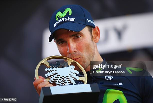 Alejandro Valverde of Spain and Movistar Team celebrates on the podium after winning the 79th La Fleche Wallonne from Waremme to Huy on April 22,...