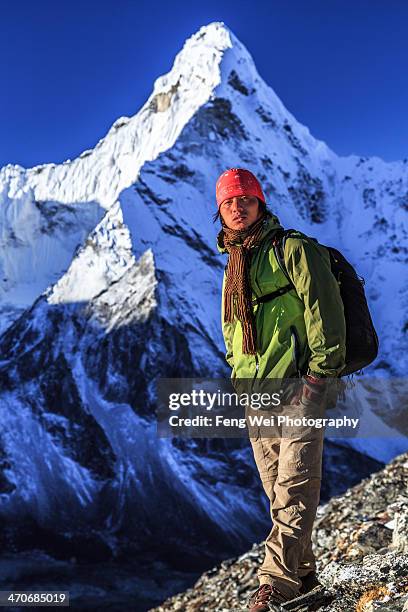 trekking in the himalayas, sagarmatha np, nepal - ama dablam stockfoto's en -beelden