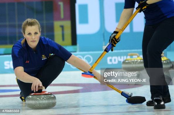 Sweden's Christina Bertrup throws the stone during the Women's... News