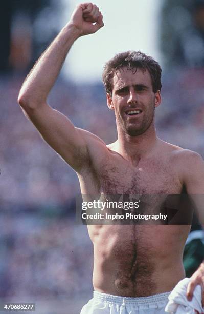 Mick McCarthy of Republic of Ireland celebrates victory during the UEFA European Championships 1988 Group 2 match between England and Republic of...