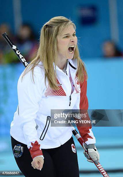 Canada's Jennifer Jones reacts during the Women's Curling Gold Medal Game Sweden vs Canada at the Ice Cube Curling Center during the Sochi Winter...