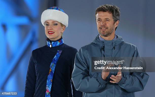 Crown Prince Frederik of Denmark attends the medal ceremony for the 2 x 6 km Women + 2 x 7 km Men Mixed Relay on day thirteen of the Sochi 2014...