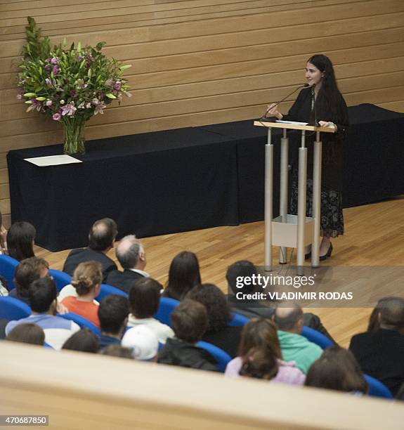 Cuban dissident blogger Yoani Sanchez delivers a speech at the Adolfo Ibañez University in Santiago, Chile, on April 22, 2015. Sanchez gave her...