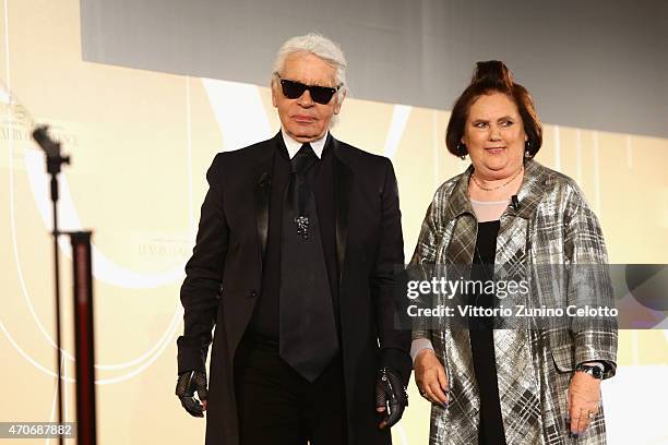 Suzy Menkes and Karl Lagerfeld attend the Conde' Nast International Luxury Conference at Palazzo Vecchio on April 22, 2015 in Florence, Italy.