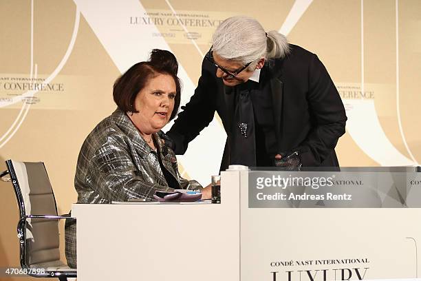 Suzy Menkes and Karl Lagerfeld attend the Conde' Nast International Luxury Conference at Palazzo Vecchio on April 22, 2015 in Florence, Italy.