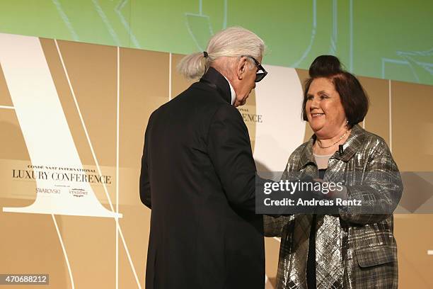 Suzy Menkes and Karl Lagerfeld attend the Conde' Nast International Luxury Conference at Palazzo Vecchio on April 22, 2015 in Florence, Italy.