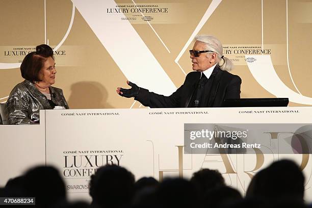 Suzy Menkes and Karl Lagerfeld attend the Conde' Nast International Luxury Conference at Palazzo Vecchio on April 22, 2015 in Florence, Italy.