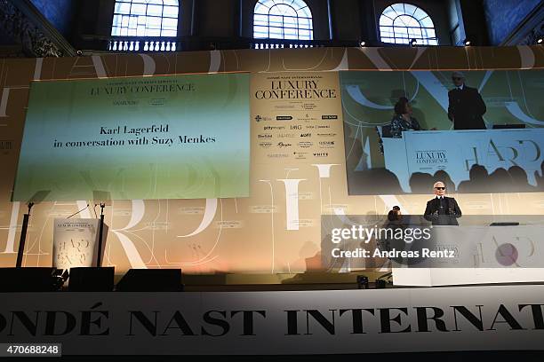 Suzy Menkes and Karl Lagerfeld attend the Conde' Nast International Luxury Conference at Palazzo Vecchio on April 22, 2015 in Florence, Italy.