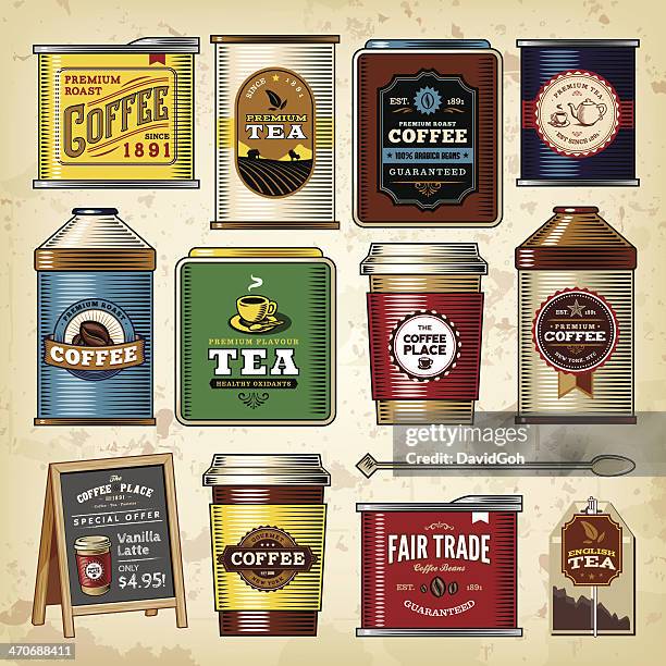 coffee & tea item set - tea can stock illustrations