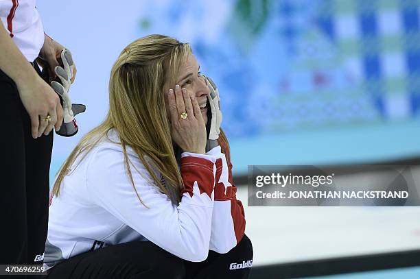 Canada's Jennifer Jones reacts at winning gold in the Women's Curling Gold Medal Game Sweden vs Canada at the Ice Cube Curling Center during the...
