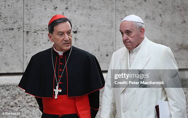 Pope Francis arrives for an Extraordinary Consistory with Colombian Cardinal Ruben Salazar Gomez on February 20, 2014 in Vatican City, Vatican. Pope...