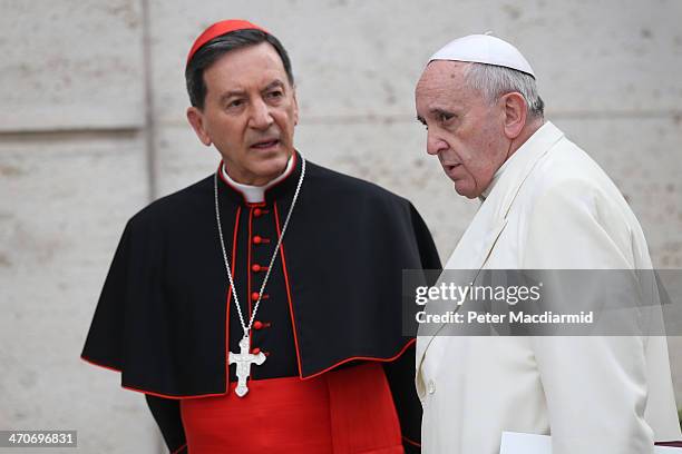 Pope Francis arrives for an Extraordinary Consistory with Colombian Cardinal Ruben Salazar Gomez on February 20, 2014 in Vatican City, Vatican. Pope...