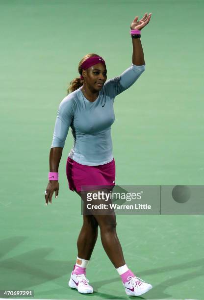 Serena Williams of the USA celebrates beating Jelena Jankovic of Serbia during day four of the WTA Dubai Duty Free Tennis Championships at the Dubai...