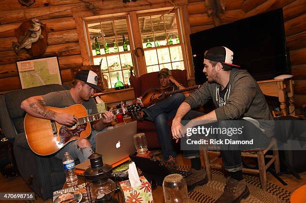 Stevie Monce, Trent Tomlinson and Dave Pittenger attend Country Rock Group, Love And Theft "Cabin Fever Writing Sessions" on April 21, 2015 in Dover,...